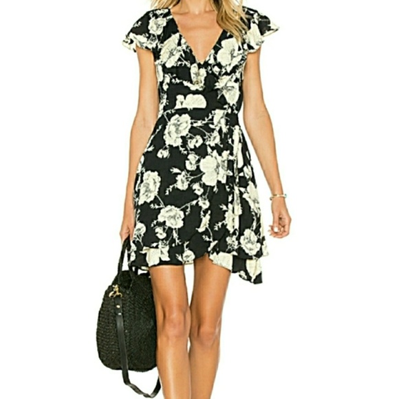 🆕Free People Ruffled Print Black Wrap Dress - Picture 1 of 7